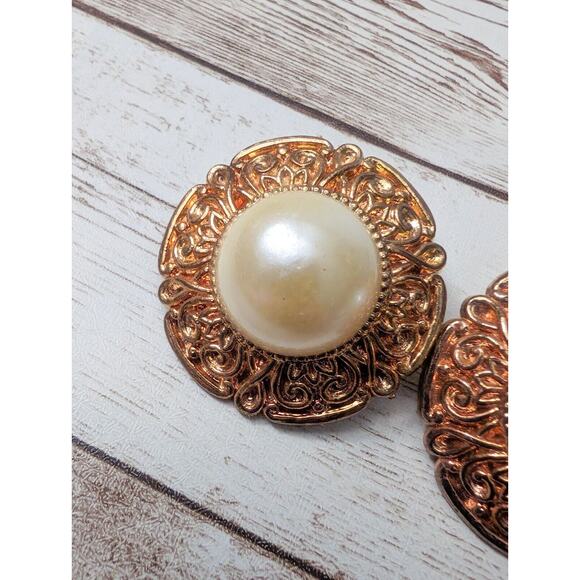 Vintage Clip On Earrings - 1.5" Large Statement Copper Tone with Faux Pearl - Picture 3 of 7